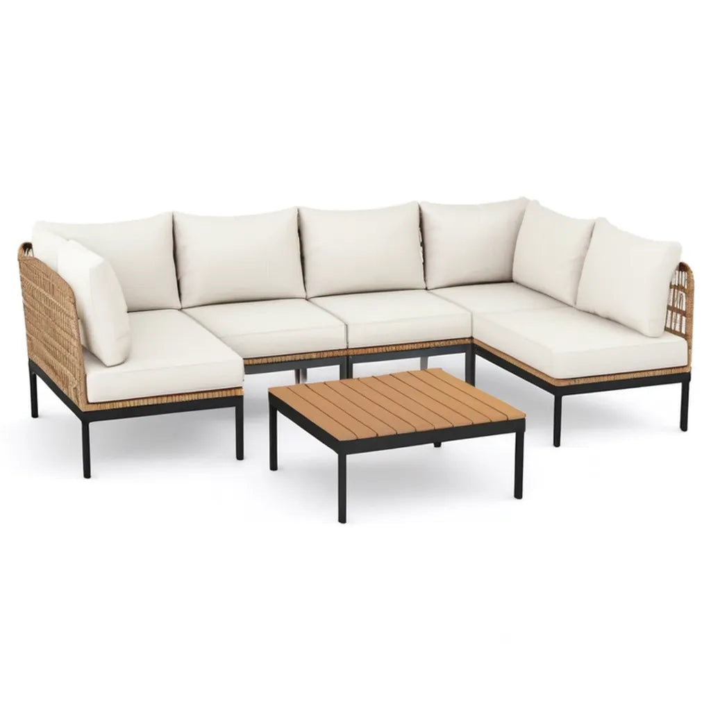 Sofa ogrodowa, 5-częściowa kanapa ogrodowa zestaw narożna kanapa z stolik kawa 250 x 200 x 75 cm PE rattan aluminium krem naturalna czarny