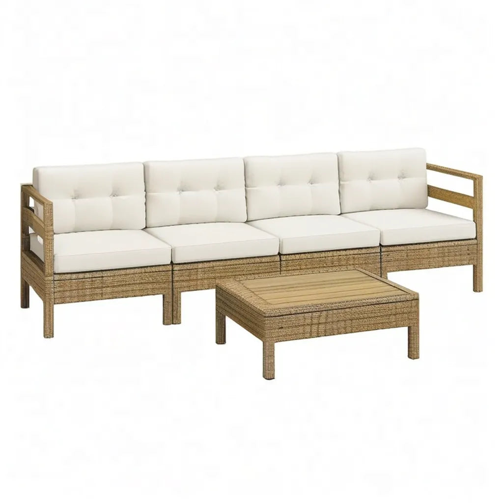 Sofa ogrodowa, 5-częściowa kanapa ogrodowa z 4-osobowym stołem do kawy PE- Rattan beige 280 x 70 x 63 cm
