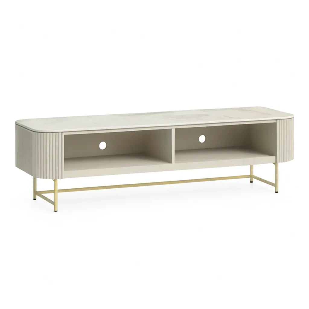 Szafka RTV, TV Niskodeska 160 x 40 x 50 cm MDF z marmurowymi wystrojami prostokątnymi kremem białe złoto