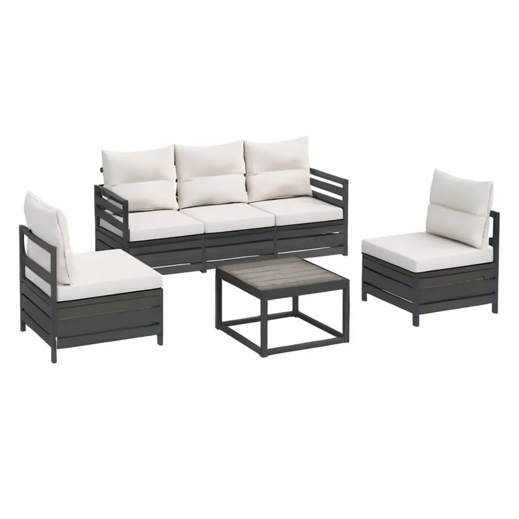 Sofa ogrodowa, 4-częściowy salon ogrodowy z sofą 3-osobową 2 fotele i stolik kawowy ze stali pokrytej proszkiem Czarna krem biały 190 x 70 x 75 cm