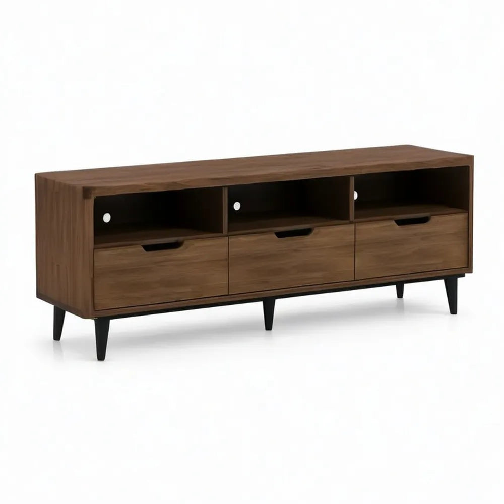 Szafka RTV, Płyta podłogowa TV 180 x 40 x 45 cm od MDF Brązowy / Czarna z trzema szufladami i schowkami
