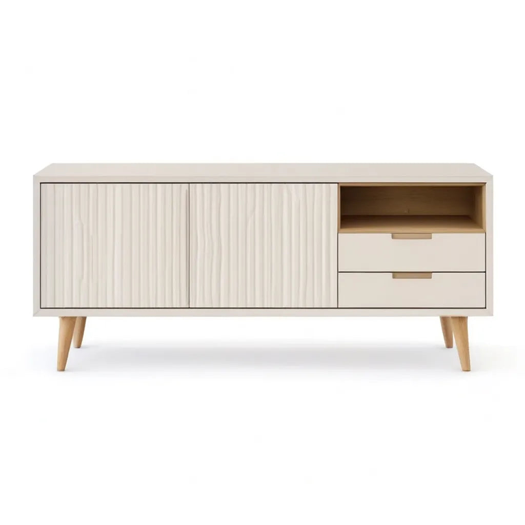 Szafka RTV, TV z 2 drzwiami 2 szuflady i otwarty przedział z MDF i litego drewna 160 x 40 x 70 cm prostokątna krem naturalna