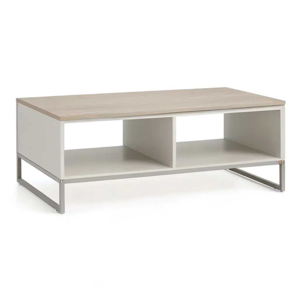 Stolik kawowy, Stół kawowy z 2 otwartymi przegródkami 100 x 60 x 45 cm z płyty wiórowej i stali prostokątny biały dąb wygląd