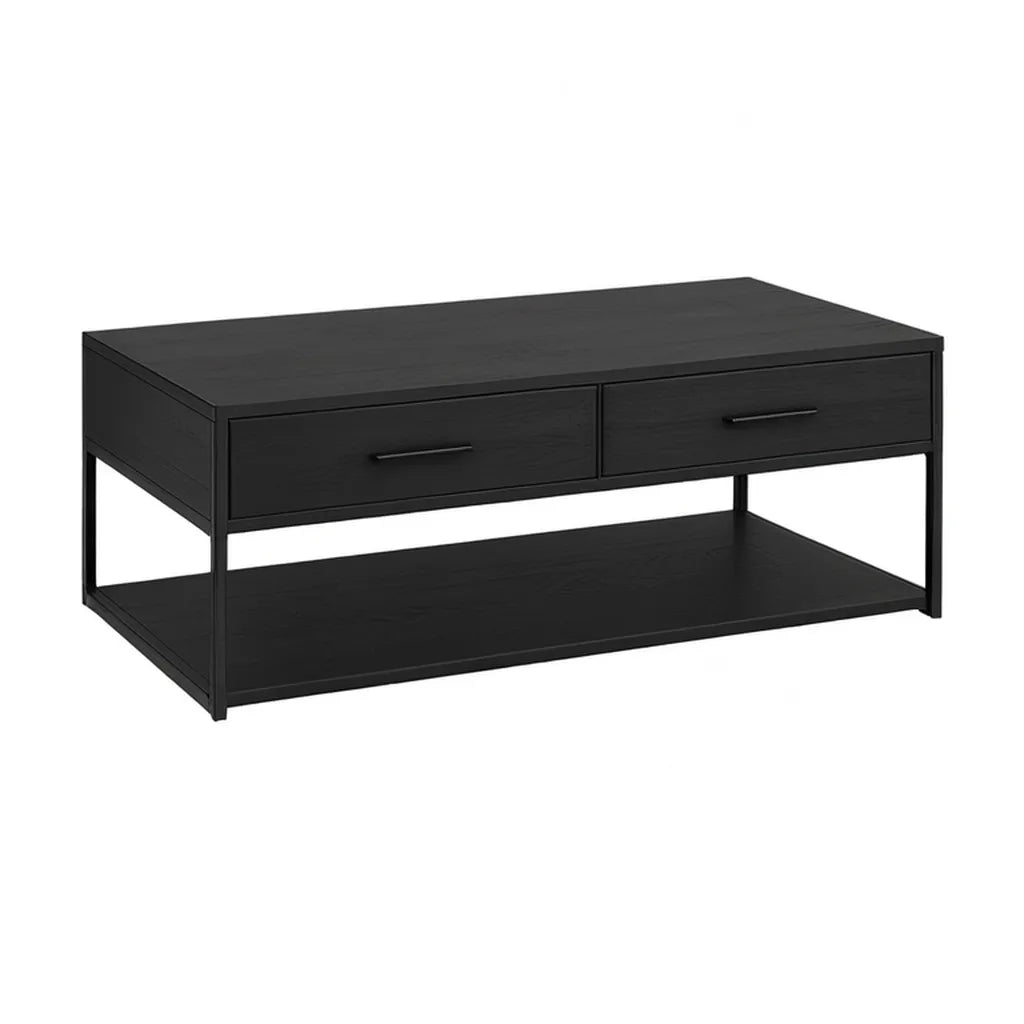 Stolik kawowy, Stół do kawy z 2 szufladami MDF i stalowym prostokątnym czarnym 100 x 60 x 45 cm