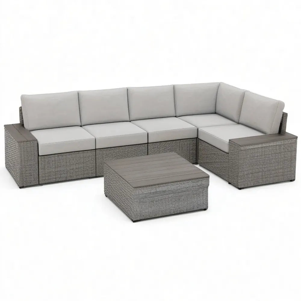 Sofa ogrodowa, Zestaw do siedzenia w ogrodzie 6-częściowy z narożną sofą i stolikiem do kawy Polirattan szary beige Brązowy 300 x 220 x 70 cm