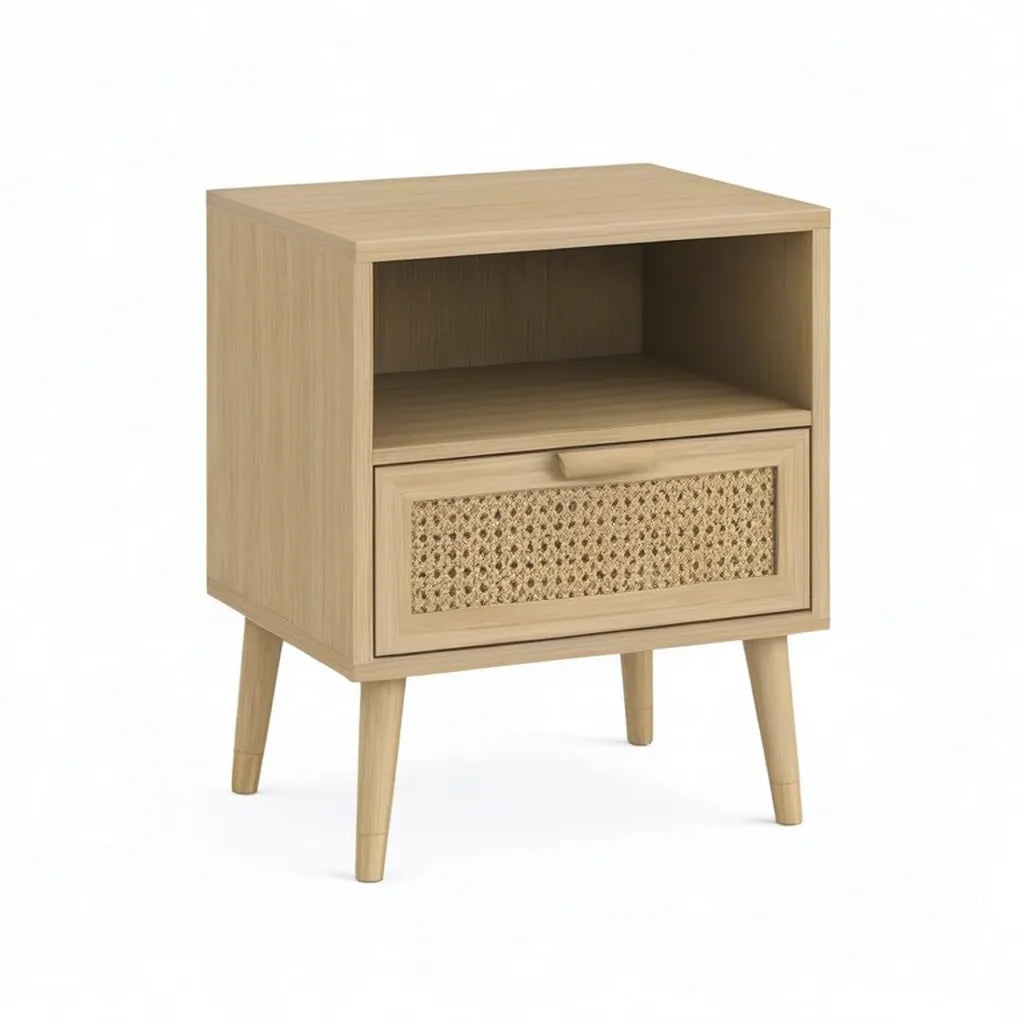 Szafka nocna, Stół z szufladą i otwartym schowkiem 40 x 35 x 60 cm MDF Dąb naturalny Veneer Rattan prostokątna naturalna Złoto
