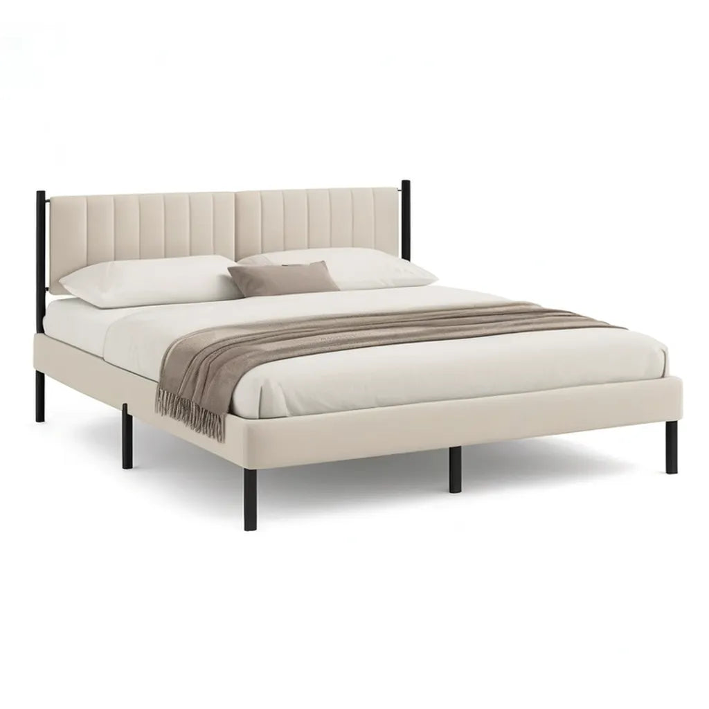 łóżko tapicerowane podwójne 160 x 200 cm z częścią z poliestru, część z głowy Beige Czarny