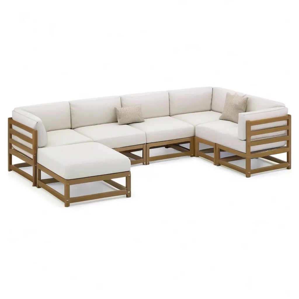 Sofa ogrodowa, Zestaw do barierki Ogrodowy kształt litery L wykonany z litego drewna acacia naturalna z poliestrowej tapicerki krem 300 x 225 x 70 cm