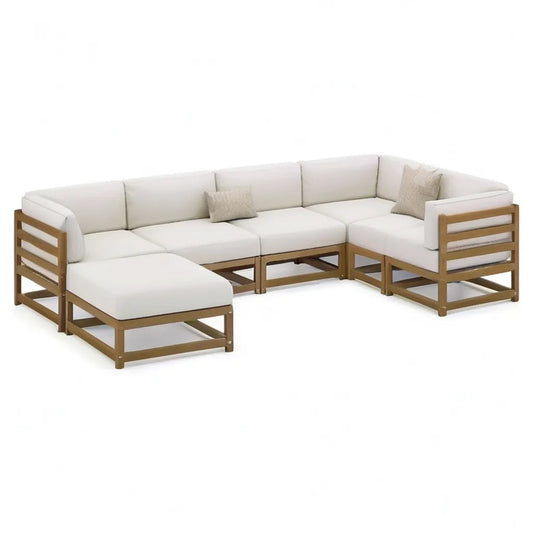 Sofa ogrodowa, Zestaw do barierki Ogrodowy kształt litery L wykonany z litego drewna acacia naturalna z poliestrowej tapicerki krem 300 x 225 x 70 cm