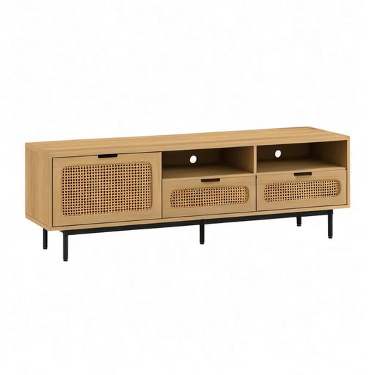 Szafka RTV, TV- Niskodeska 160 x 40 x 60 cm od MDF z rattanowym przednim dębem prostokątnym naturalna czarny