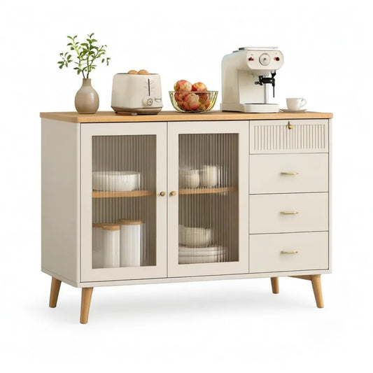 Kredens kuchenny, Kuchnia bufet 120 x 40 x 90 cm w białych panelach MDF z litego drewnianego wierzchu i nóg drzwi szklane i 4 szuflady