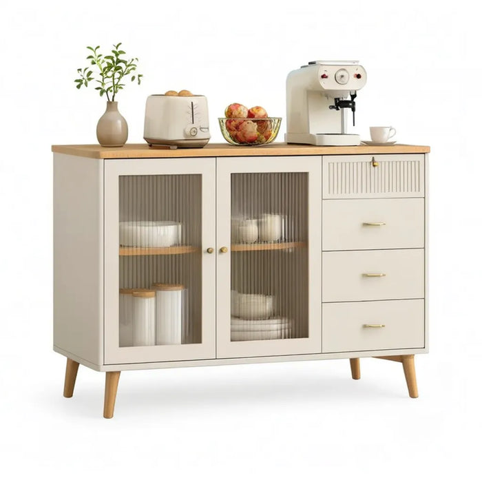 Kredens kuchenny, Kuchnia bufet 120 x 40 x 90 cm w białych panelach MDF z litego drewnianego wierzchu i nóg drzwi szklane i 4 szuflady