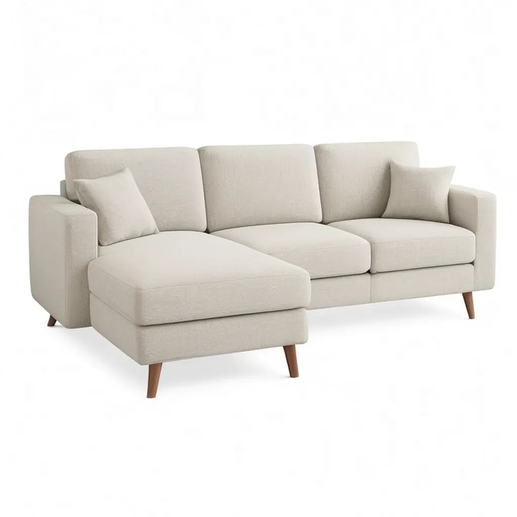 Sofa, 3-osobowa kanapa narożna z lewym tapicerką poliestrową beżową 230 x 150 x 85 cm