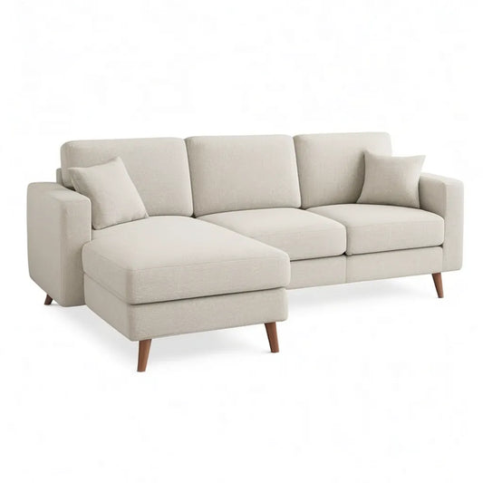Sofa, 3-osobowa kanapa narożna z lewym tapicerką poliestrową beżową 230 x 150 x 85 cm