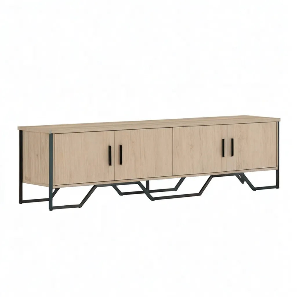 Szafka RTV, TV Płyta podłogowa Schodnia 160 x 40 x 60 cm od płyty wiórowej w dębowej optyce z 4 drzwiami i ramą stalową Czarna