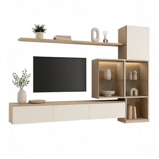 Szafka RTV, TV mieszkalny zestaw ścienny 300 x 40 x 190 cm z płyty wiórowej pokrytej melaminą o barwie prostokątnej w dębowym świetle i bieli