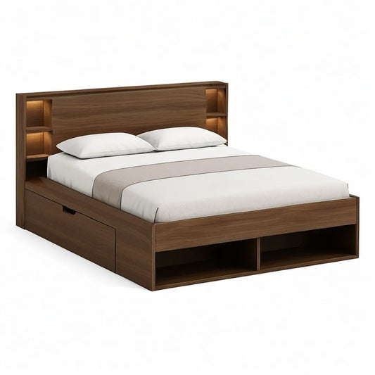 Łóżko rama 160 x 200 cm od MDF w kolorze orzechowym brązowym z oświetleniem LED i szufladą