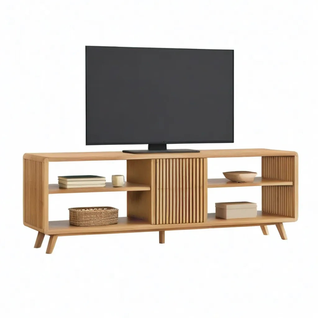 Szafka RTV, TV nisko-burtowe z litego bambusa z lamelarnymi drzwiami naturalny kolor 160 x 40 x 55 cm