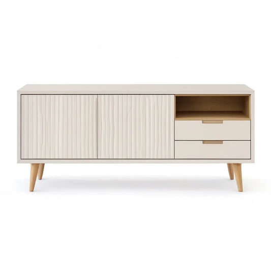 Szafka RTV, TV z 2 drzwiami 2 szuflady i otwarty przedział z MDF i litego drewna 160 x 40 x 70 cm prostokątna krem naturalna