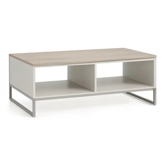 Stolik kawowy, Stół kawowy z 2 otwartymi przegródkami 100 x 60 x 45 cm z płyty wiórowej i stali prostokątny biały dąb wygląd