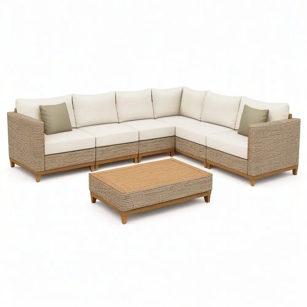 Sofa ogrodowa, Ogród salon zestaw narożna sofa z stolikiem kawowym 270 x 270 x 70 cm beżowy / naturalne kolory z PE rattan braid i drewno akacja
