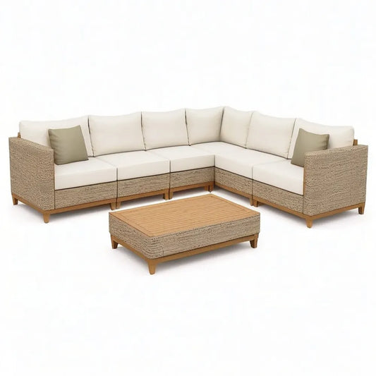 Sofa ogrodowa, Ogród salon zestaw narożna sofa z stolikiem kawowym 270 x 270 x 70 cm beżowy / naturalne kolory z PE rattan braid i drewno akacja