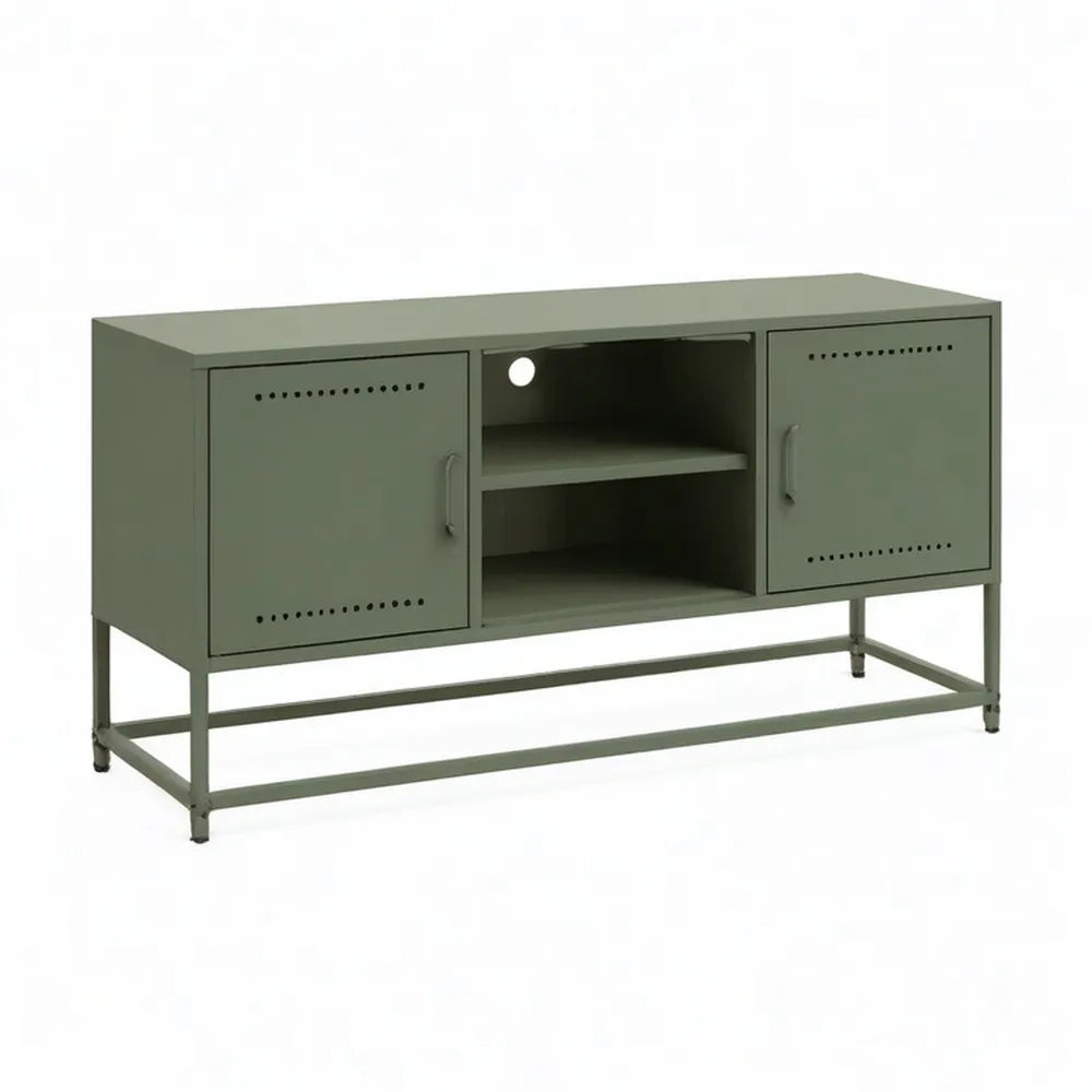 Szafka RTV, TV Płyta pilśniowa 180 x 40 x 55 cm MDF w kolorze oliwnym z metalową ramą, dwie drzwi i półka