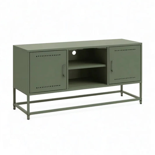 Szafka RTV, TV Płyta pilśniowa 180 x 40 x 55 cm MDF w kolorze oliwnym z metalową ramą, dwie drzwi i półka