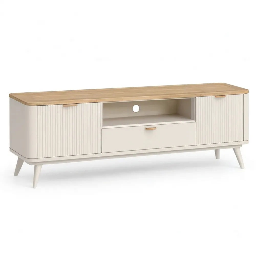 Szafka RTV, Płyta nośna TV 180 x 40 x 45 cm z materiału na bazie drewna MDF Biała z szufladą i schowkami