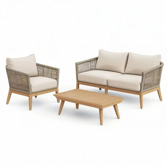 Sofa ogrodowa, Ogrodowy salon zestaw 3 sztuk z fotel i stolik kawa rama aluminiowa Beżowa jasny brązowy 220 x 75 x 70 cm