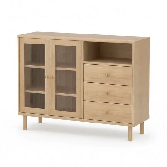 Kredens kuchenny, Prostokątna kuchnia bufet 120 x 40 x 100 cm w wykończeniu dębu MDF z beżowymi, ciętymi drzwiami ze szkła