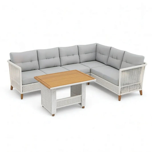 Sofa ogrodowa, Ogród salon zestaw narożna sofa z stolik 260 x 260 x 75 cm szary / naturalne kolory z PE rattan braid i drewno akacjowe