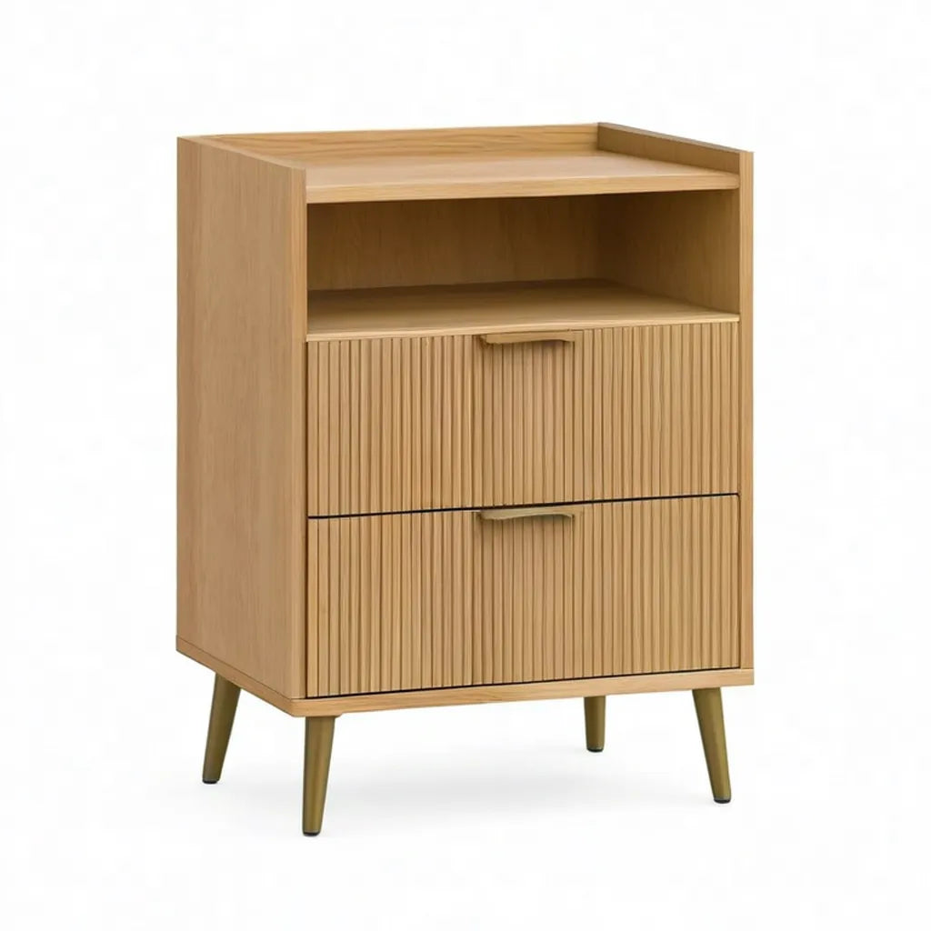 Szafka nocna, Stół z 2 szufladami i otwartym przegródkiem z MDF z okleiną dębową o prostokątnej naturze 50 x 40 x 80 cm