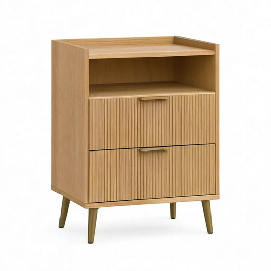 Szafka nocna, Stół z 2 szufladami i otwartym przegródkiem z MDF z okleiną dębową o prostokątnej naturze 50 x 40 x 80 cm