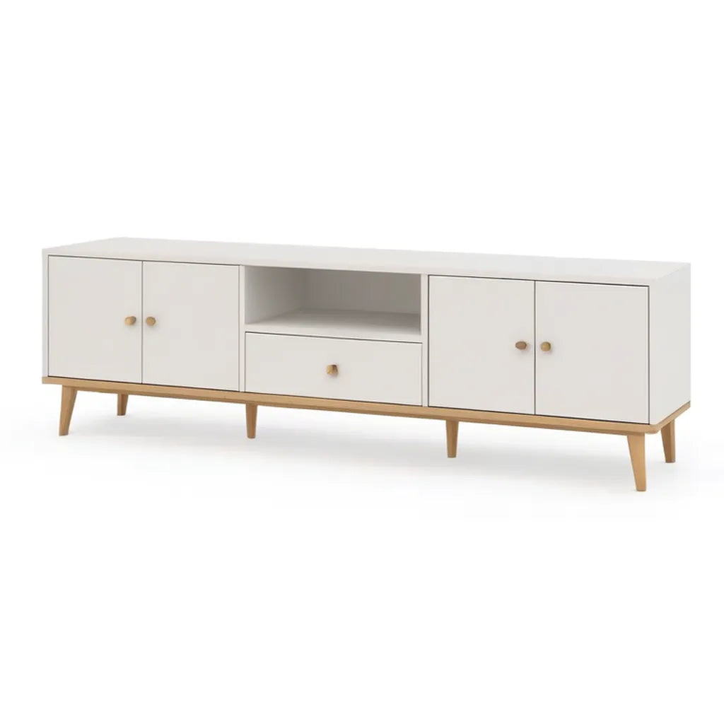 Szafka RTV, TV z 4 drzwiami 1 szuflada i otwarty przedział 180 x 40 x 55 cm MDF biały prostokątna