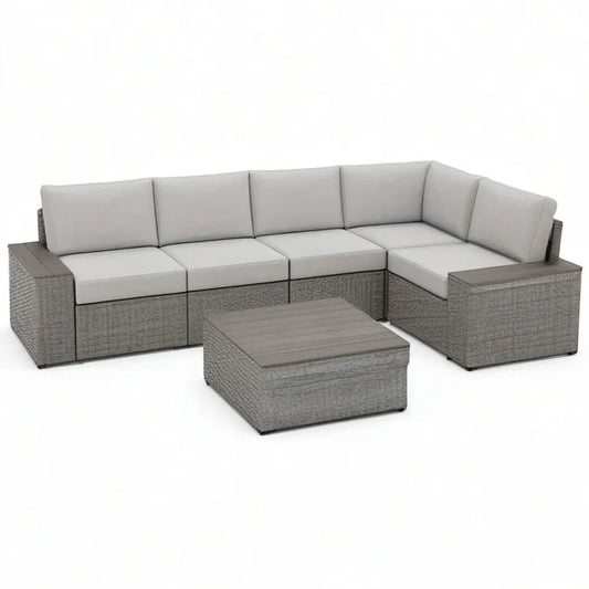Sofa ogrodowa, Zestaw do siedzenia w ogrodzie 6-częściowy z narożną sofą i stolikiem do kawy Polirattan szary beige Brązowy 300 x 220 x 70 cm