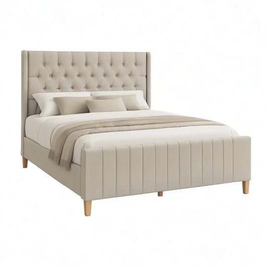 łóżko tapicerowane podwójne 160 x 200 cm z częścią Chesterfield głowę z poliestru w beżowym