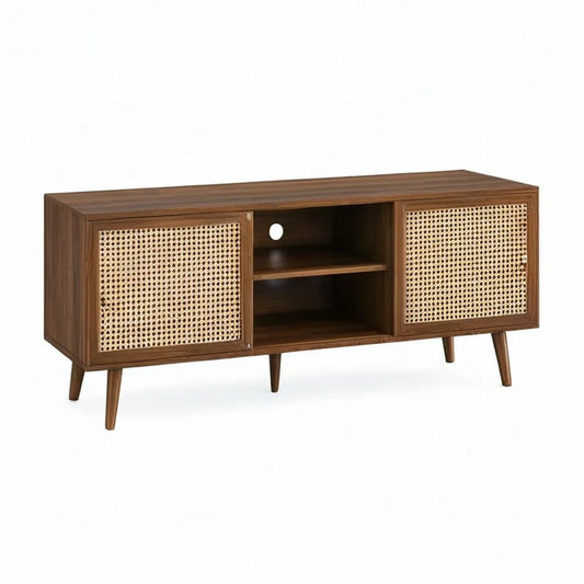 Szafka RTV, TV dolna z 2 drzwiami rattanowymi MDF Walnut Brązowy prostokątna 140 x 40 x 60 cm