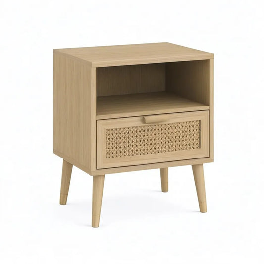 Szafka nocna, Stół z szufladą i otwartym schowkiem 40 x 35 x 60 cm MDF Dąb naturalny Veneer Rattan prostokątna naturalna Złoto