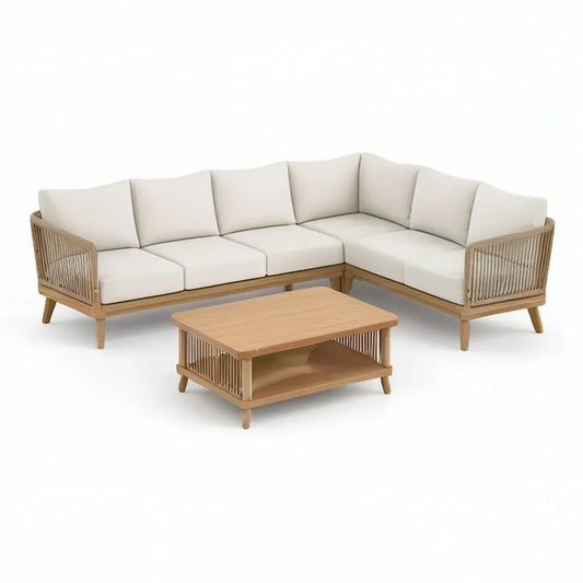Sofa ogrodowa, Zestaw do siedzenia ogrodowego 4- część z narożną sofą i stolikiem do kawy ramka aluminiowa Beżżowa naturalna brązowa optyka drewna 280 x 220 x 70 cm