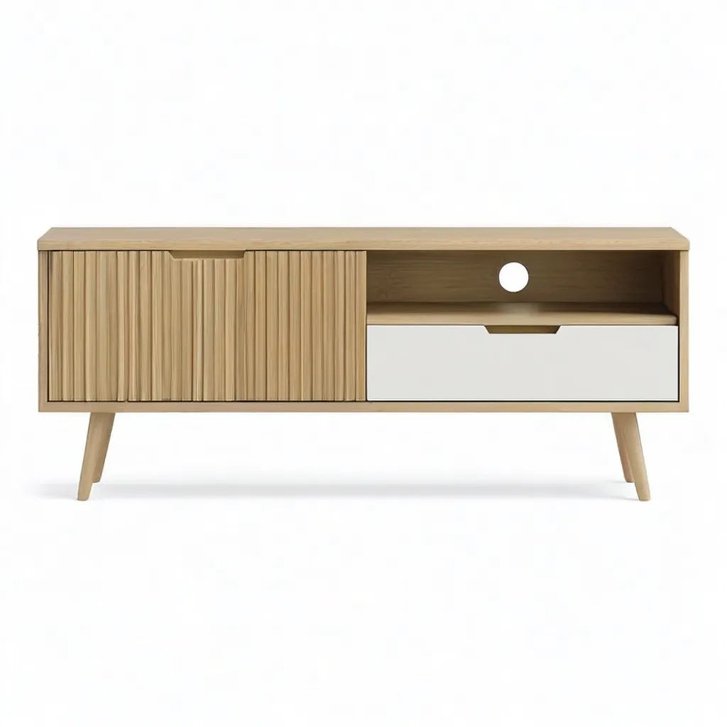 Szafka RTV, TV- Niskolistna 120 x 40 x 60 cm od MDF z okleiną dębową prostokątną, naturalną bielą